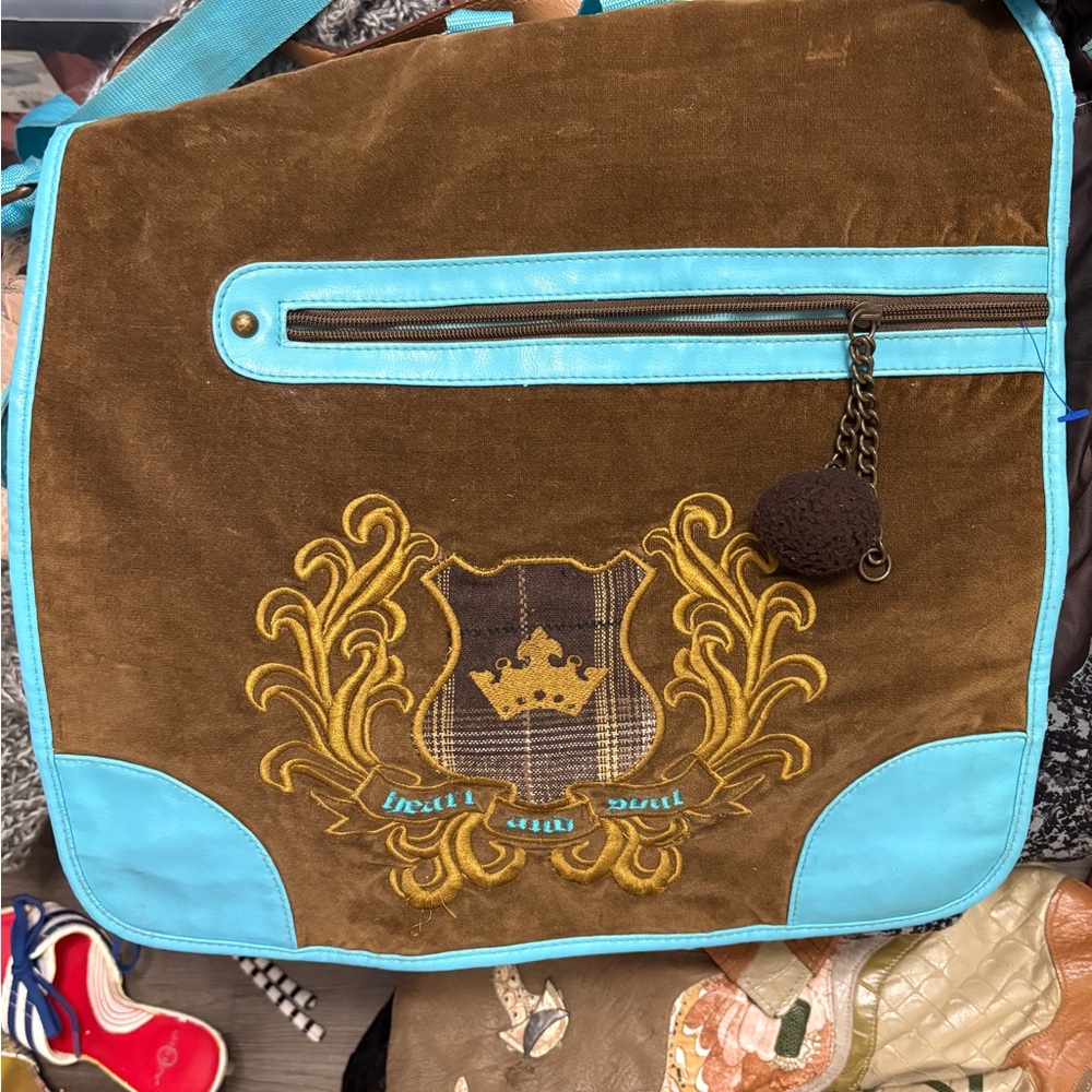 Y2K GRAIL!!! Brown and Blue Messenger Bag with Embroidery